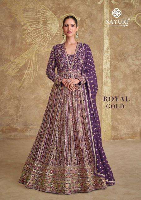 SAYURI DESIGNER PRESENTS ROYAL GOLD FREE SIZE STITCH GEORGETTE HEAVY DESIGNER GOWN CATALOG WHOLESALER AND EXPORTER 