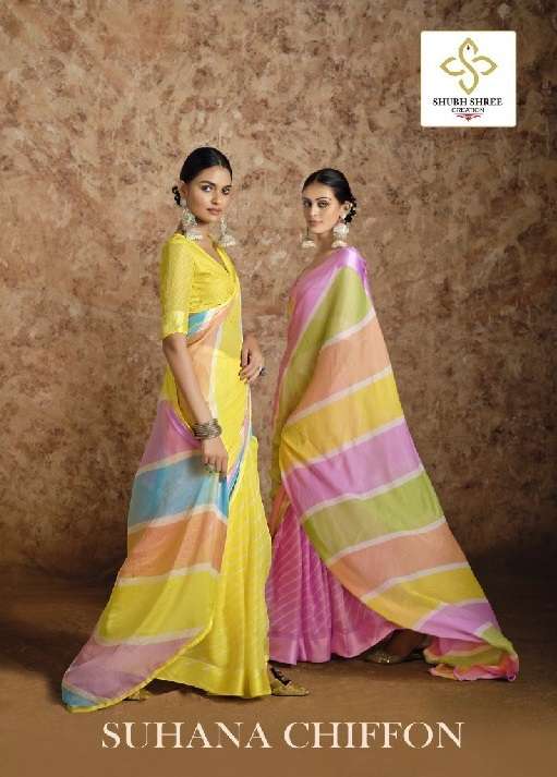 SHUBH SHREE PRESENTS SUHANA CHIFFON CHIFFON WEAVING STYLISH SAREES CATALOG WHOLESALER AND EXPORTER 