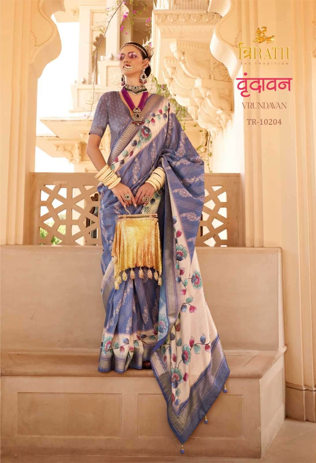 TRIRATH PRESENTS VRUNDAVAN  FLORAL PRINTED 3 COLOUR MATCHING SILK SAREES CATALOG WHOLESALER AND EXPORTER 