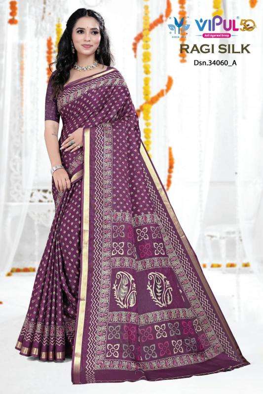 VIPUL PRESENTS RAGI SILK 34060 SERIES PRETTY LOOK INDIAN SAREES CATALOG EXPORTS