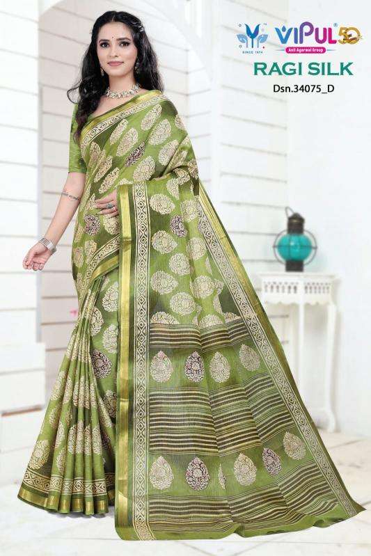 VIPUL PRESENTS RAGI SILK 34075 SERIES STYLISH LOOK SAREES CATALOG WHOLESALER AND EXPORTER 