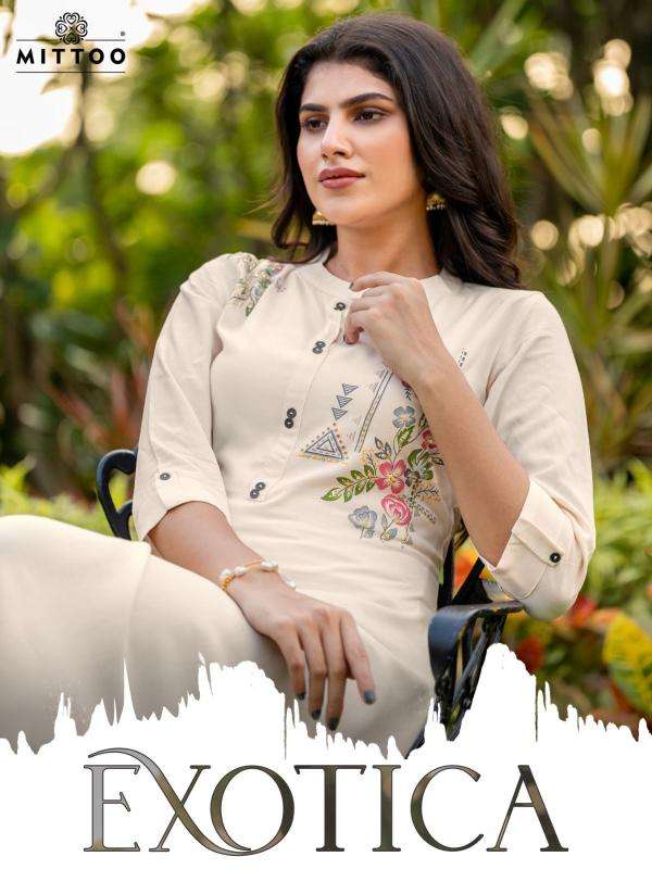 MITTOO PRESENTS EXOTICA VOL-1 RAYON READYMADE CASUAL LONG KURTIS CATALOG WHOLESALER AND EXPORTER 