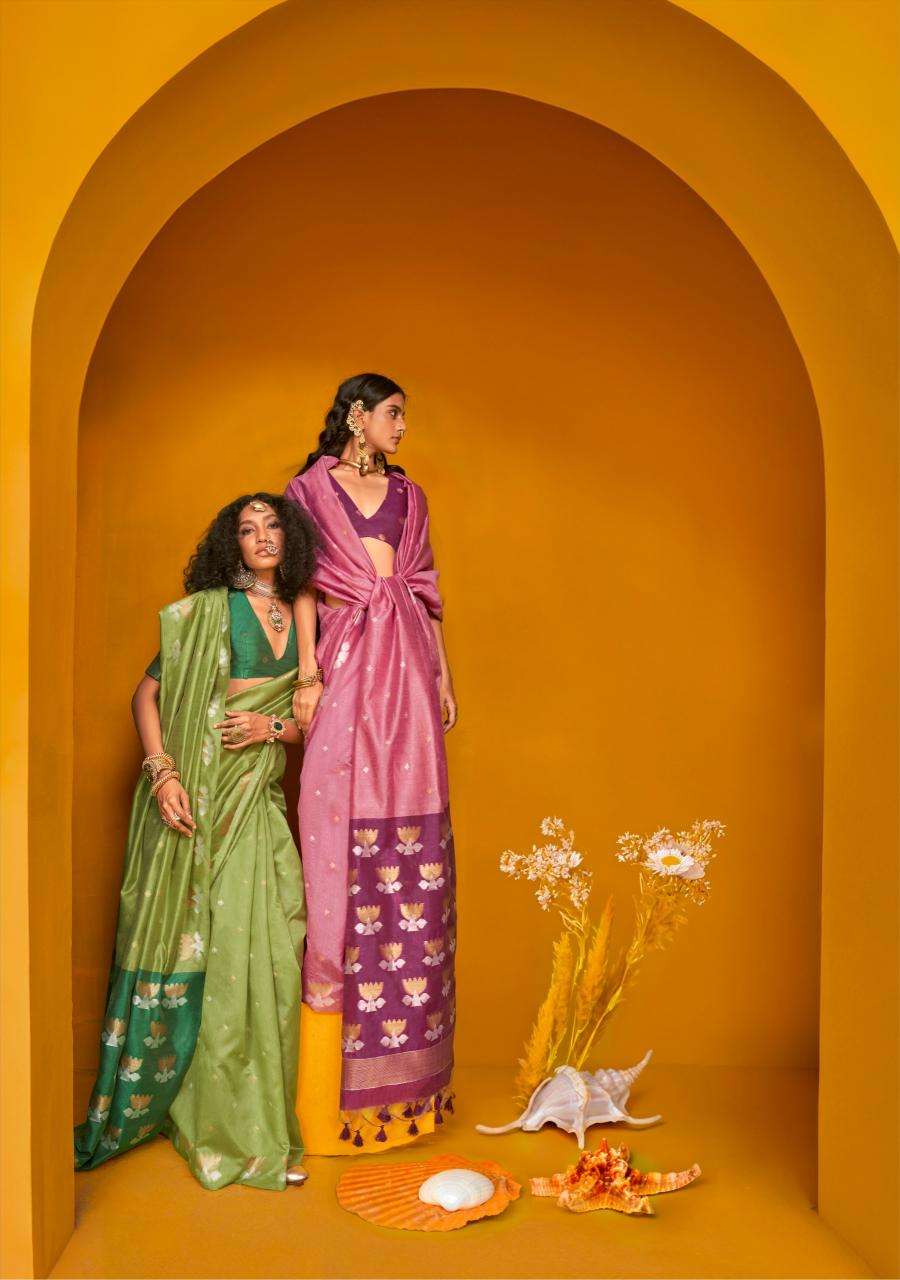 RAJTEX PRESENTS KRYSTAL LOTUS 402001-402006 TUSSAR SILK HANDLOOM DESIGNER SAREES CATALOG WHOLESALER AND EXPORTER 