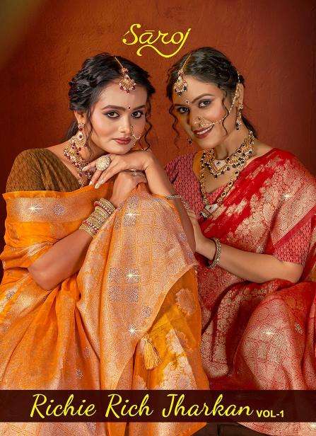 SAROJ PRESENTS RICHIE RICH JHARKAN VOL-1 SILK SAREES CATALOG WHOLESALER AND EXPORTER 