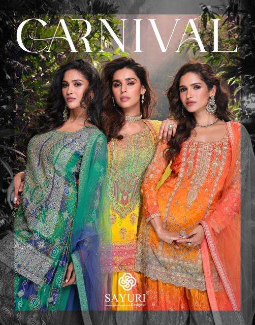 SAYURI DESIGNER PRESENTS CARNIVAL FULLY STITCH CHINON SILK TRADITIONAL PLAZZO SUIT PERFECT FOR FESTIVALS CATALOG WHOLESALER AND EXPORTER 