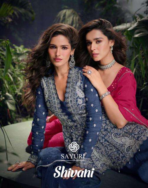 SAYURI DESIGNER PRESENTS SHIVANI READYMADE CHINON SILK EXCLUSIVE SHARARA SUIT CATALOG WHOLESALER AND EXPORTER 