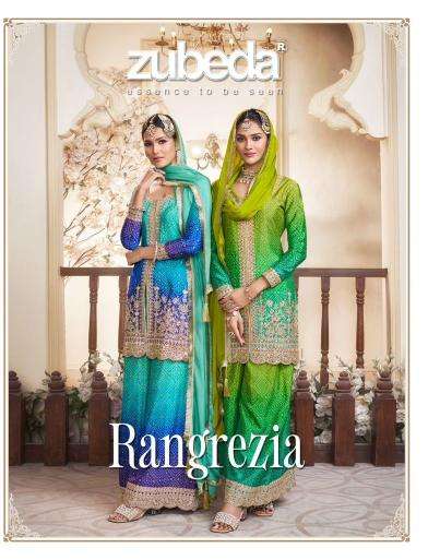 ZUBEDA PRESENTS RANGREZIA CHINON SİLK FULLY STITCH PLAZZO STYLE 3PCS INDIAN SUIT CATALOG WHOLESALER AND EXPORTER 