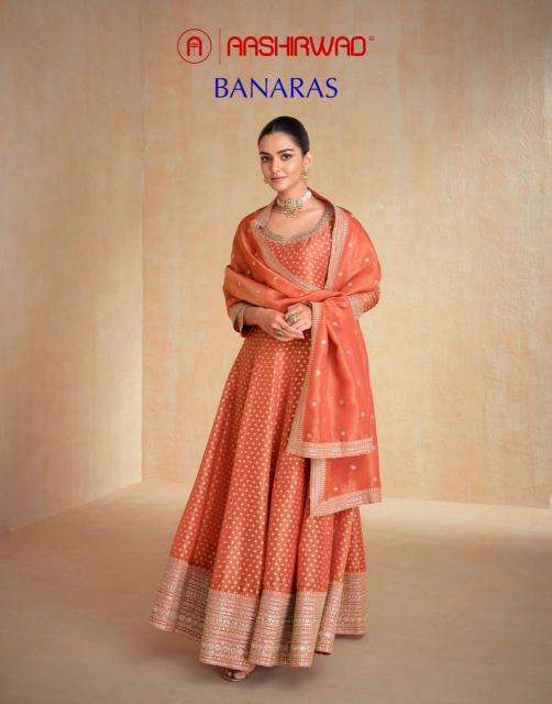 aashirwad creation presents banaras organza readymade designer gown with dupatta catalog wholesaler and exporter 