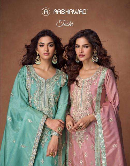 aashirwad creation presents tashi full stitch organza simar silk exclusive salwar suits catalog wholesaler and exporter 