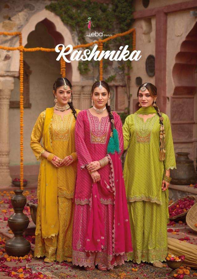 eba lifestyle presents rashmika chinon readymade party wear plazzo suit catalog wholesaler and exporter in surat