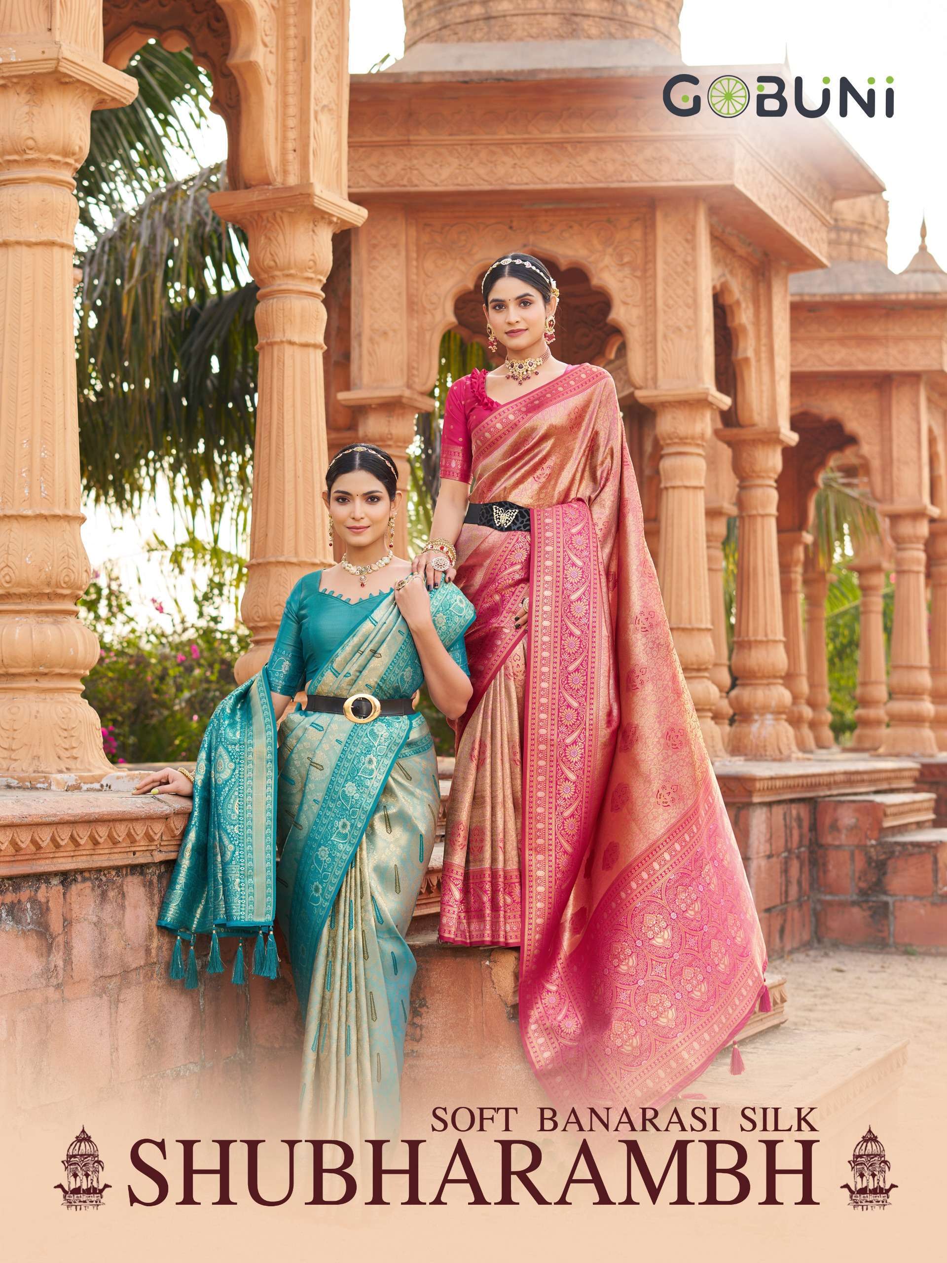 gobuni presents shubharambh 1101-1106 banarasi silk best sarees catalog wholesaler and exporter in surat