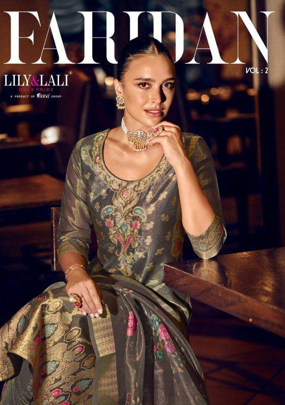 lily & lali presents faridan vol-2 fully stitch banarasi simar jari silk designer ladies kurtis catalog wholesaler and exporter 