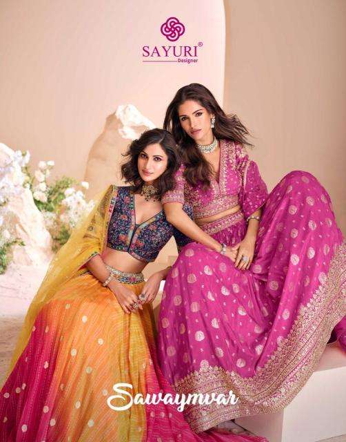 sayuri designer presents sawaymvar viscose jacquard silk full stitch wedding special lehenga catalog wholesaler and exporter in surat