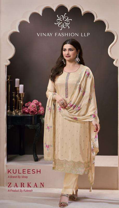 vinay presents kuleesh zarkan moonga silk party wear salwar suita catalog wholesaler and exporter 