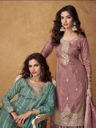 aashirwad creation presents saumya full stitch organza simar silk plazzo suit catalog