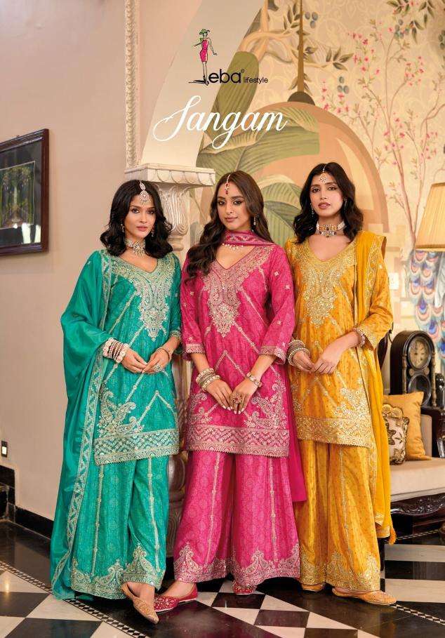 Eba Lifestyle Presents Sangam Chinon Readymade Exclusive Plazzo Suit Catalog Wholesaler And Exporter in Surat