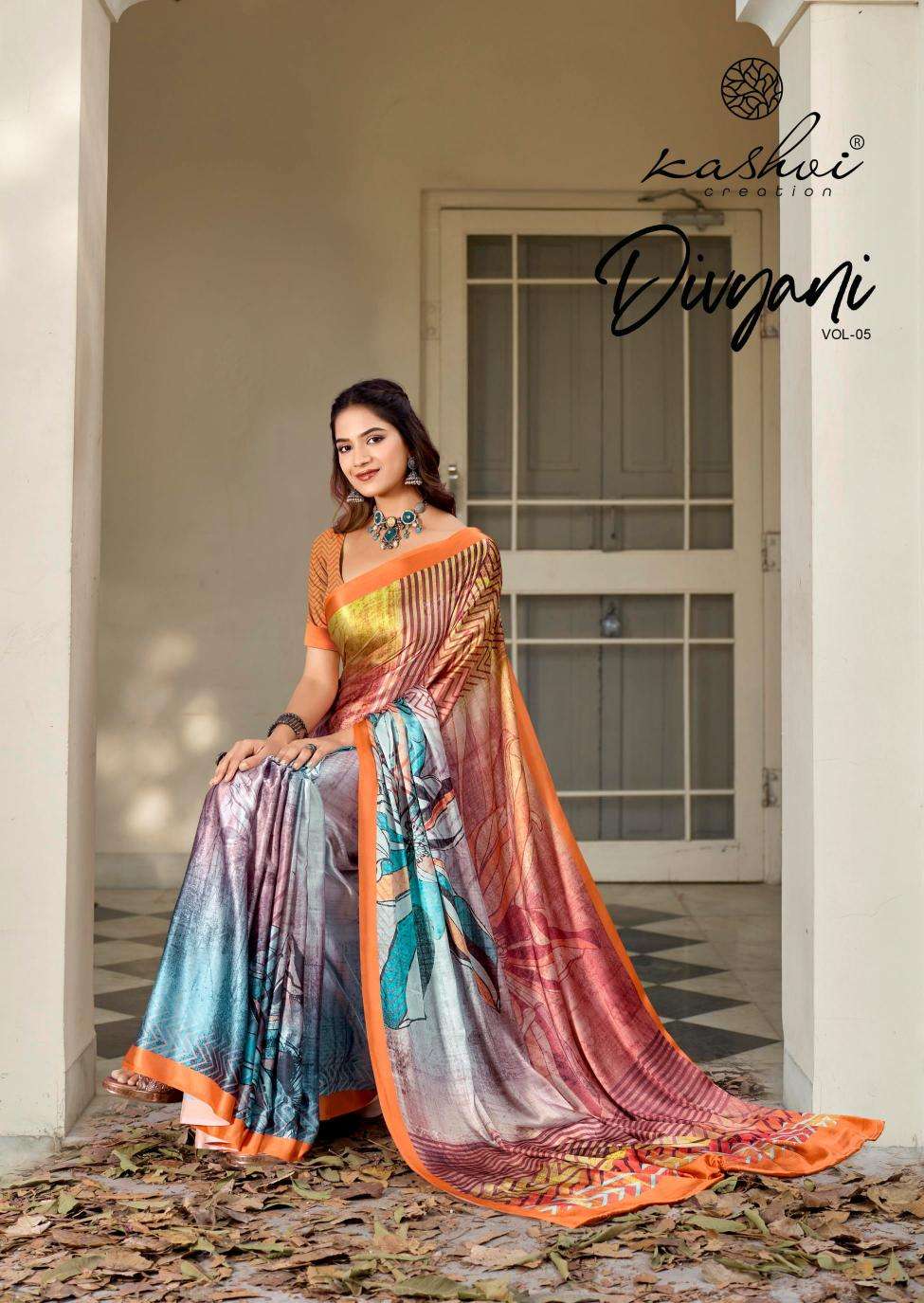 kashvi creation presents divyani vol-5 satin print festive saree catalog wholesaler and exporter in surat