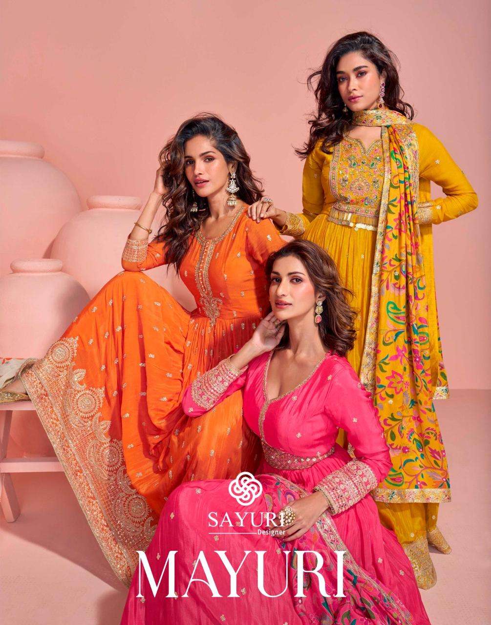 sayuri designer presents mayuri real chinon silk full stitch wedding special gown catalog wholesaler and exporter in surat