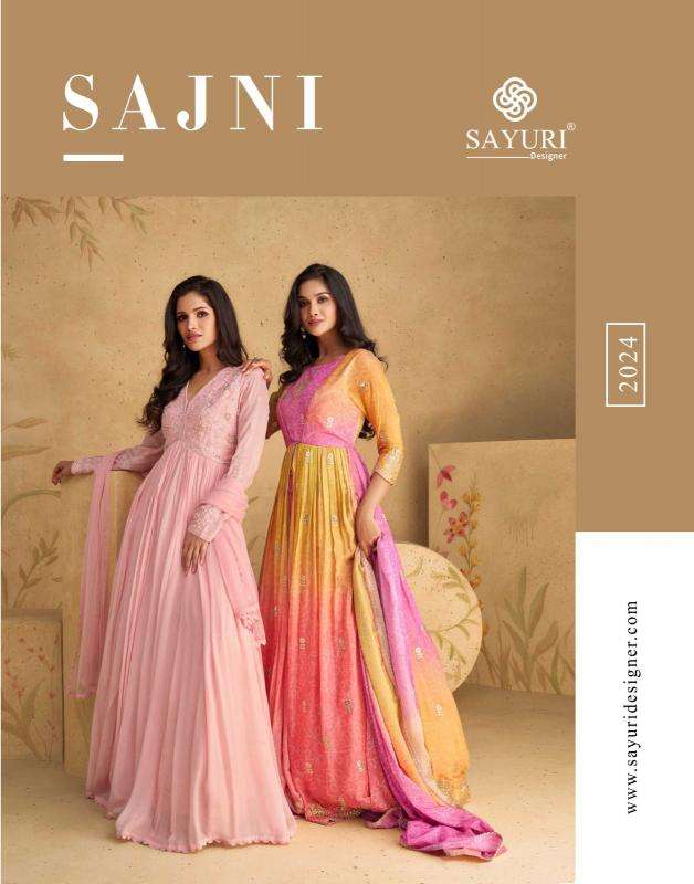 sayuri designer presents sajni fashionable chinon silk readymade gown style catalog wholesaler and exporter in surat