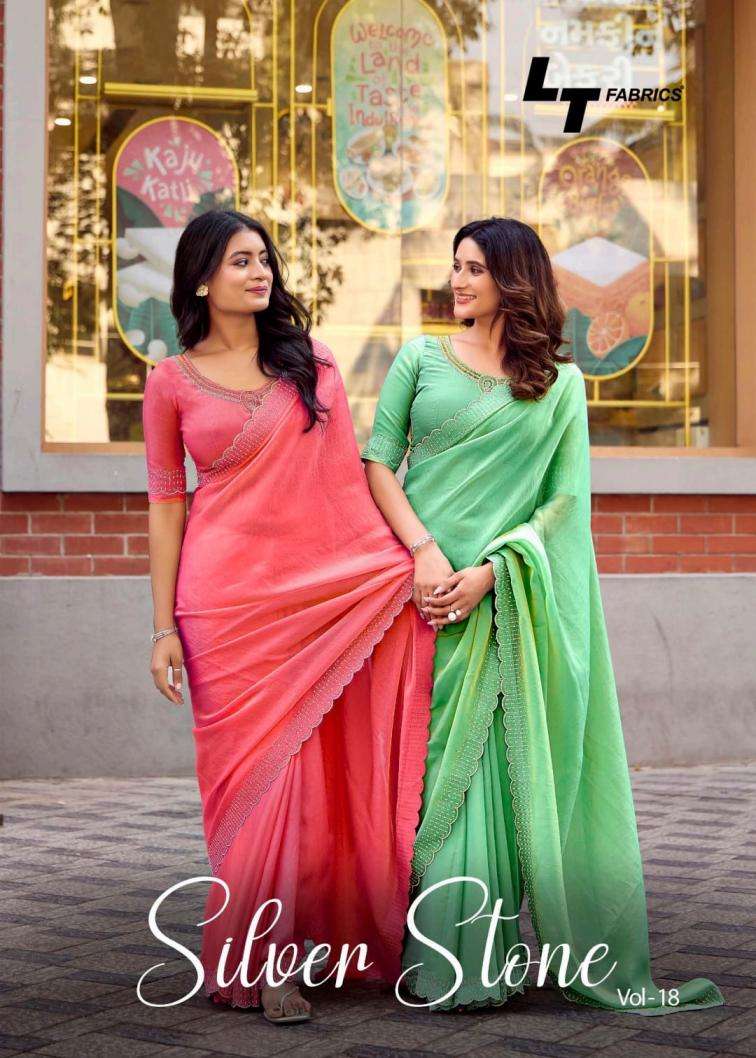 LT FABRICS PRESENTS SILVER STONE VOL-18 NYLON XCATONIC SATIN FASHIONABLE SAREES CATALOG WHOLESALER AND EXPORTER IN SURAT 