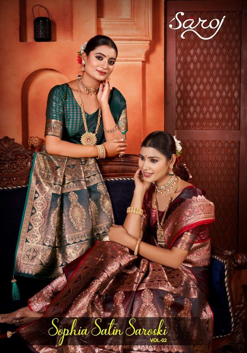 Saroj presents Sophia satin saroski vol-2 heavy pallu designer sarees catalog collection 