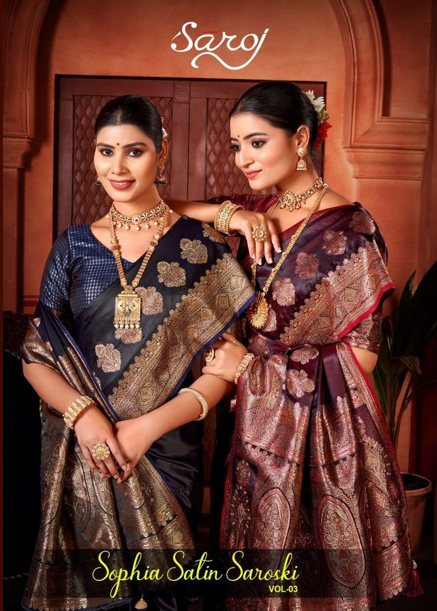 Saroj presents Sophia satin saroski vol-3 heavy pallu designer sarees catalog collection 