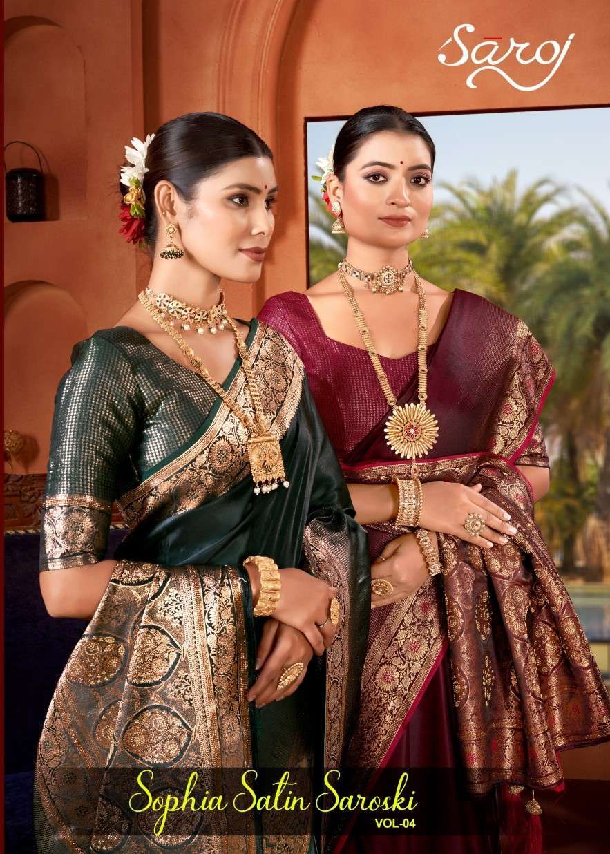 Saroj presents Sophia satin saroski vol-4 heavy pallu designer sarees catalog collection 