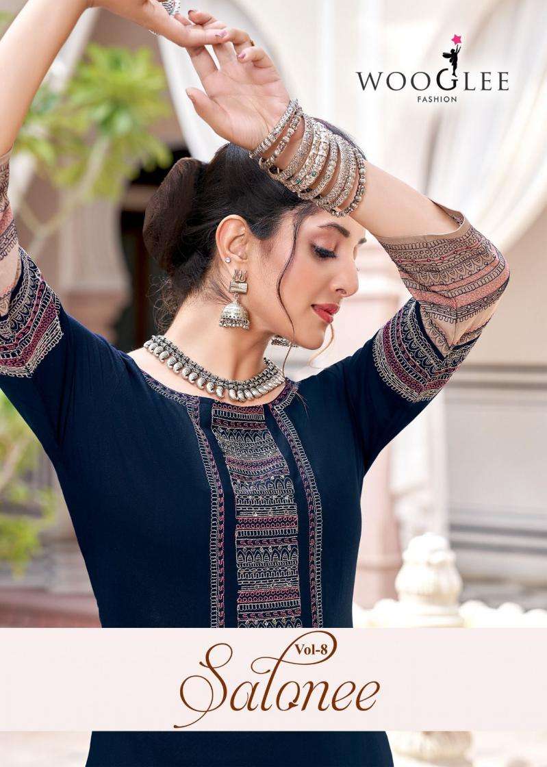 Wooglee Salonee Vol-8 Rayon Fully Stitch Shop Trendy Long Kurtis Catalog Wholesaler And Exporter In Surat