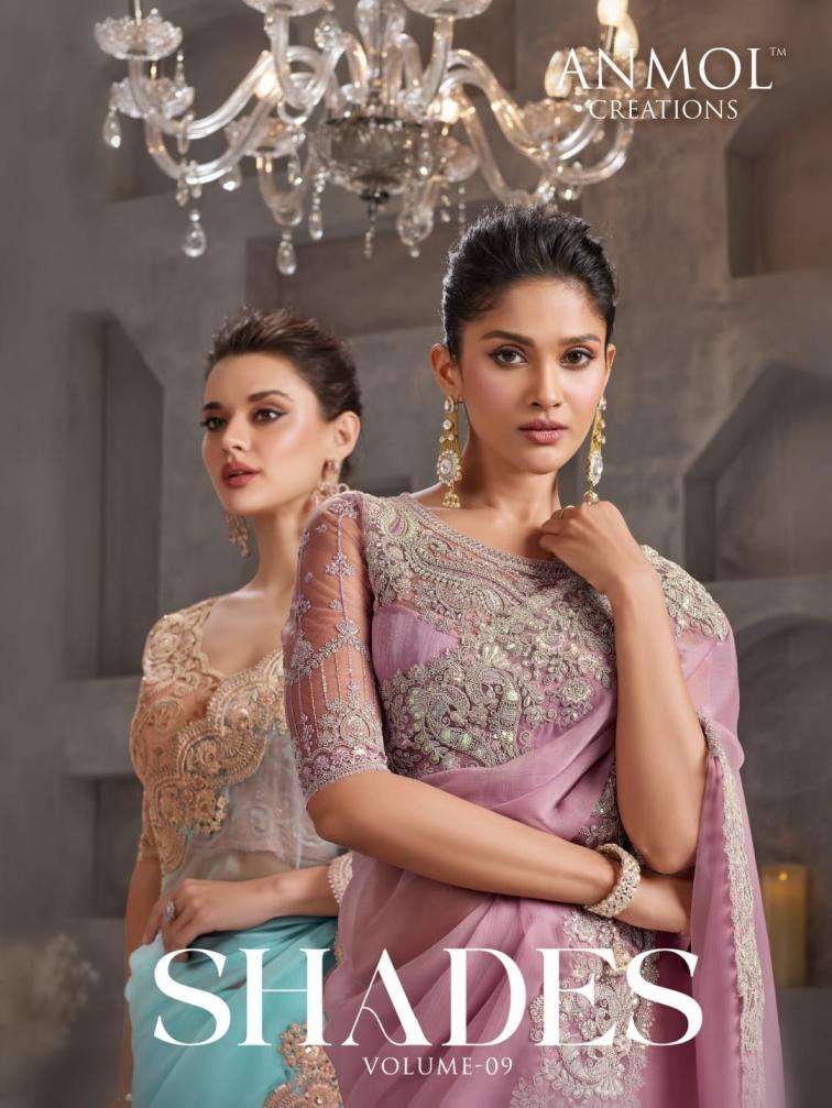 anmol presents shades vol-9 series 3501-3515 stylish embroidery party wear sarees catalog collection