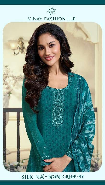 Vinay Presents Silkina Royal Crepe Vol-47 Wholesale Royal Crepe With Work Salwar Suits Catalog Wholesaler 