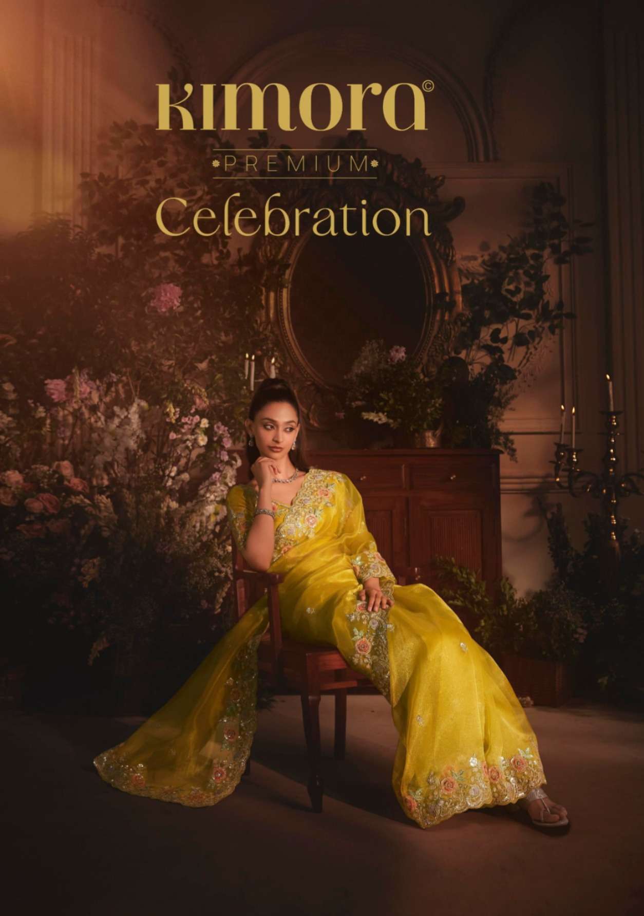 KIMORA PRESENTS CELEBRATION PREMIUM TISSUE ORGANZA FANCY PARTY WEAR LOOK SAREES CATALOG WHOLESALER AND EXPORTER IN SURAT