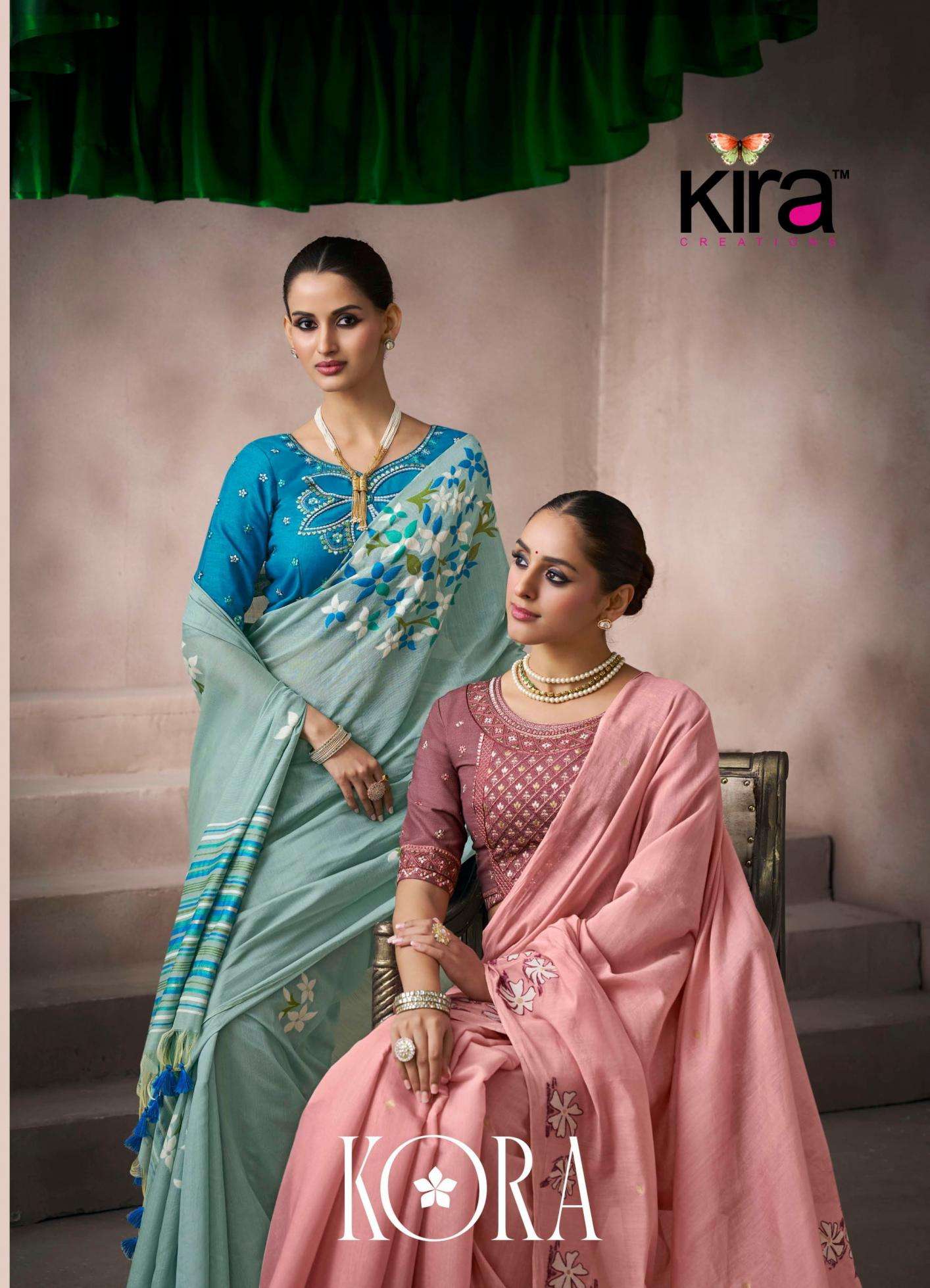 KIRA PRESENTS KORA SILK WHOLESALE VISCOSE COTTON WITH FANCY WORK ELEGANCE INDIAN SAREES FOR EXPORT