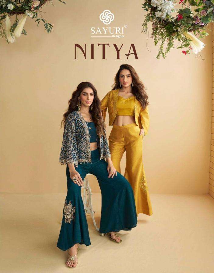 sayuri designer nitya silk georgette readymade trendy western 3pcs dress catalog wholesaler and exporter in surat