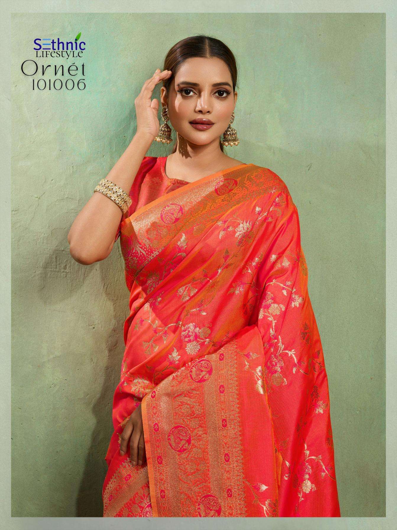 Sethnic Lifestyle Presents Ornet Dual Tone Banarasi Silk Traditional Saree Perfect For Festivals Catalog Wholesaler And Exporter 
