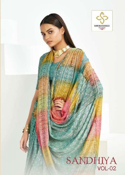 SHUBH SHREE CREATION PRESENTS SANDHIYA VOL-2 WHOLESALE CHIFFON CHEQS BRASSO FANCY INDIAN SAREES CATALOG WHOLESALER AND EXPORTER 