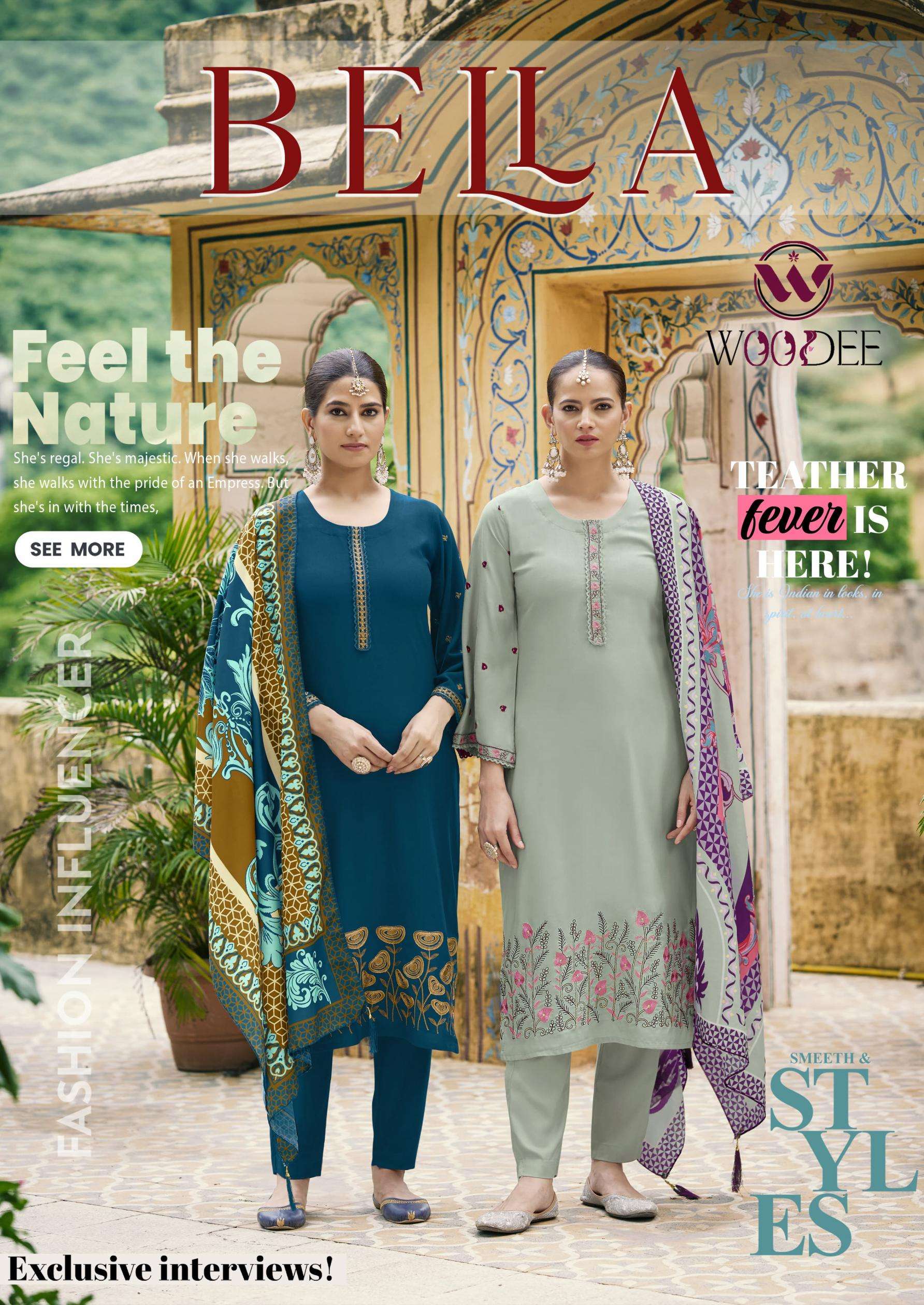 woodee presents bella rayon kurtis with pant and dupatta collection
