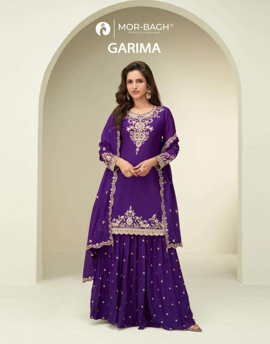 Aashirwad Presents Mor-Bagh Garima Occasion Wear Chinon Silk Readymade Plazzo Salwar Suits Catalog Wholesaler 