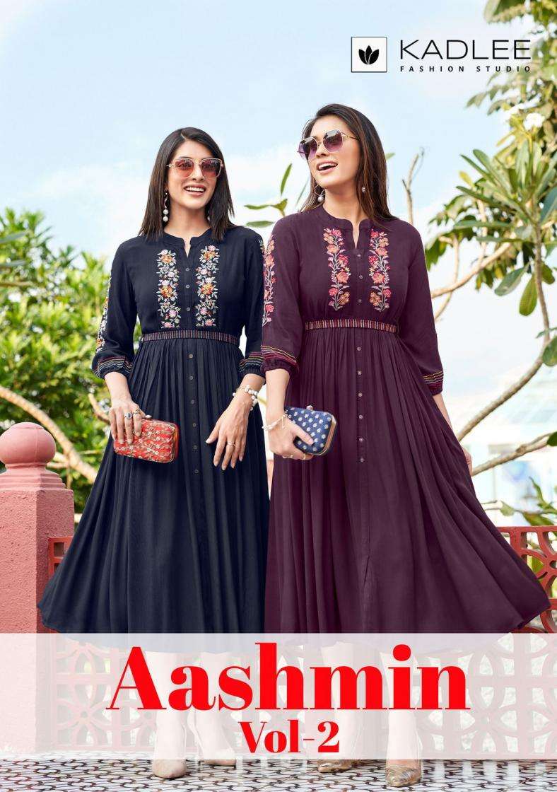 kadlee presents aashmin vol-2 wrinkle rayon full stitch western long kurtis catalog