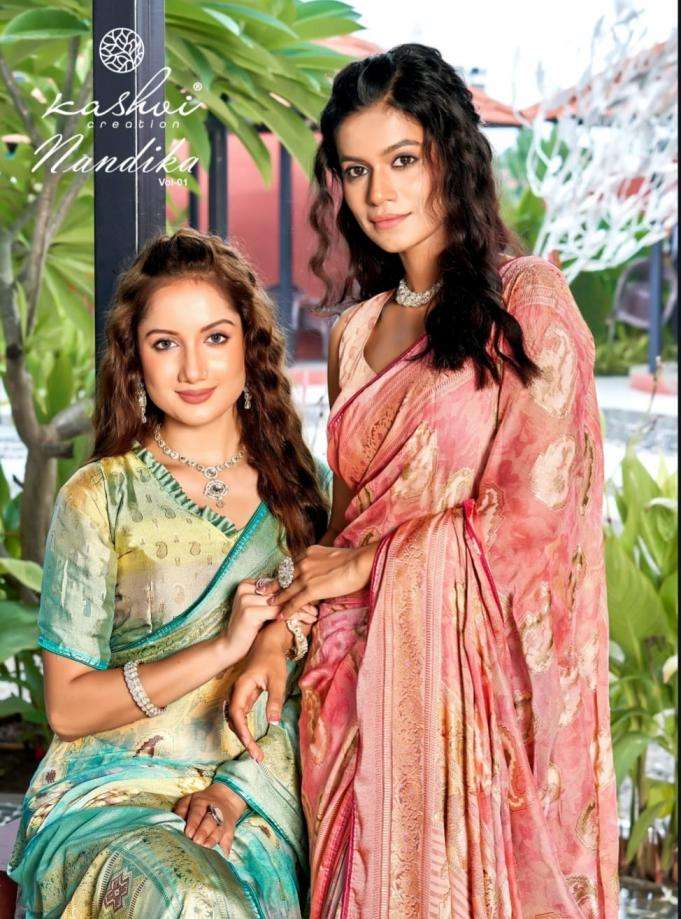 KASHVI CREATION PRESENTS NANDIKA DULL MOSS BRASSO GORGEOUS LOOK SAREES EXPORTER