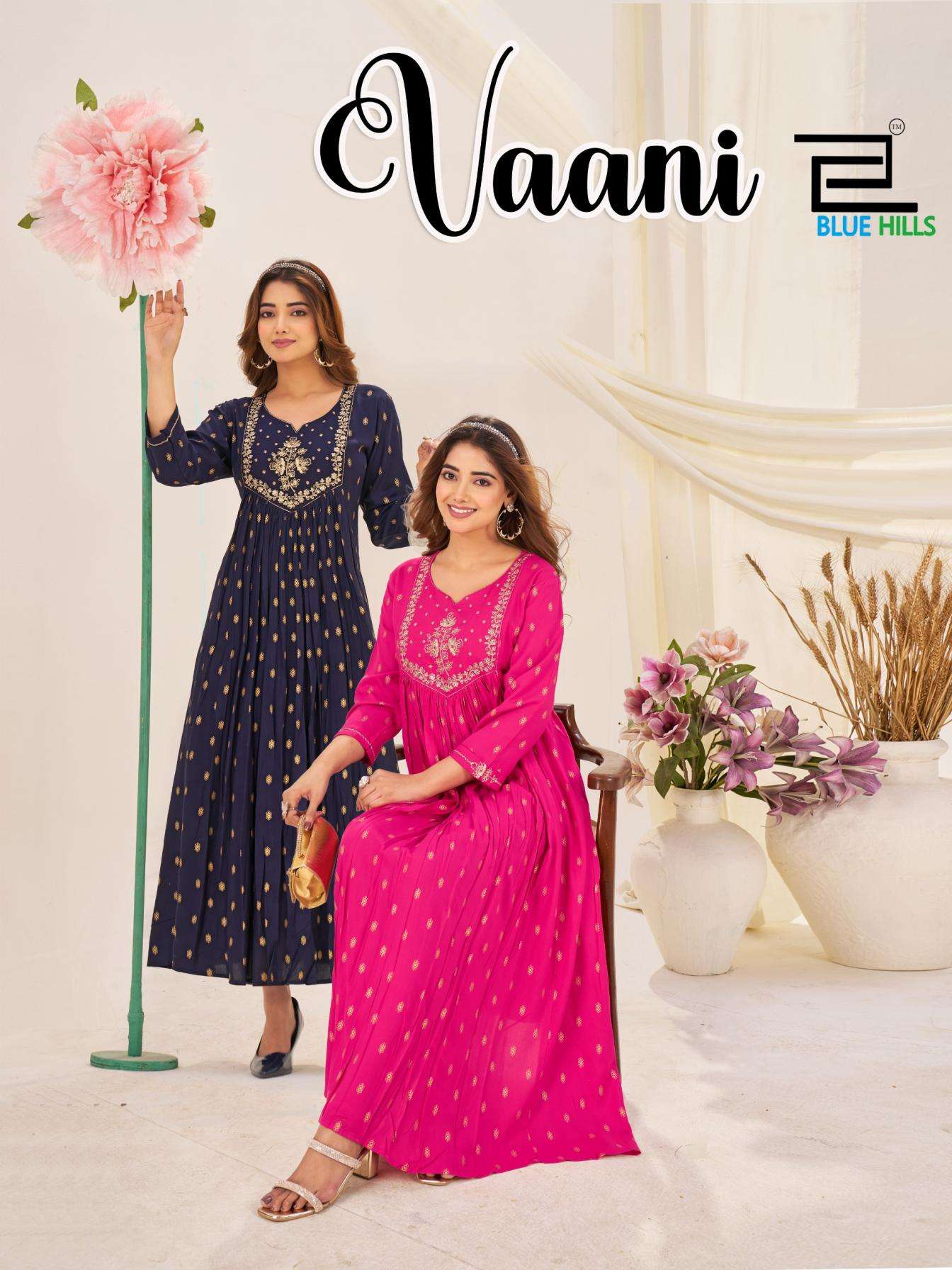 blue hills presents vaani readymade rayon big size classic gown stylr kurtis catalog