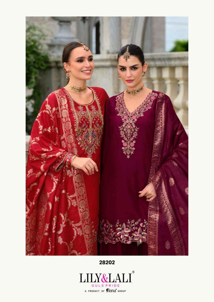 lily & lali presents suhagini silk with cotton lining full stitch karwa special plazzo 3pcs dress