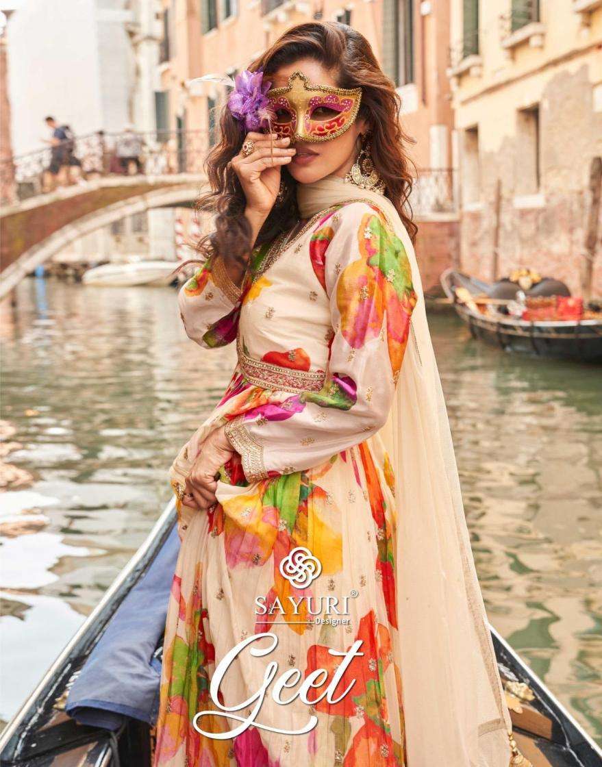 sayuri designer presents geet chinon silk premium readymade gown with dupatta