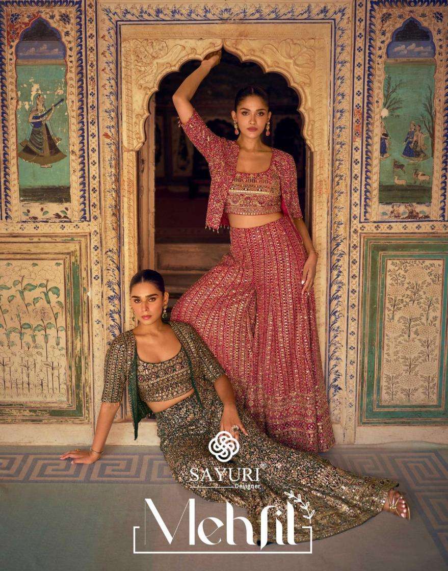 sayuri designer presents mehfil fully stitch georgette plazzo blouse with jacket western dress
