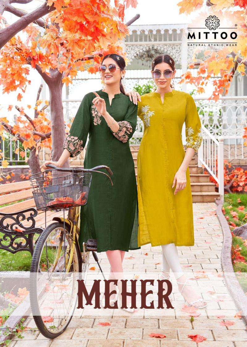 Mittoo Presents Meher Rayon Thread Work Readymade Long Kurtis Catalog Wholesaler And Exporter 