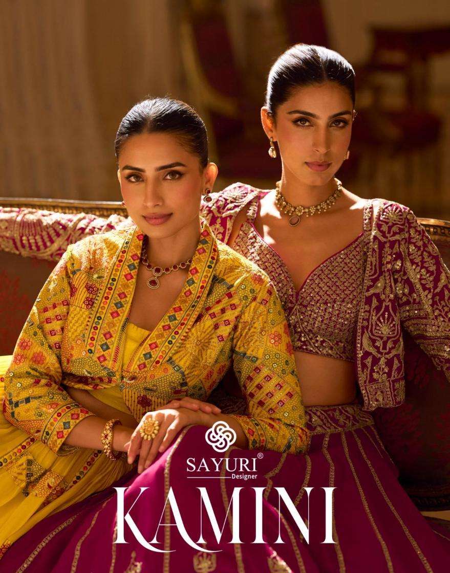 Sayuri Designer Presents Kamini Full Stitch Georgette Lehenga Shrug With Blouse Catalog Wholesaler And Exports