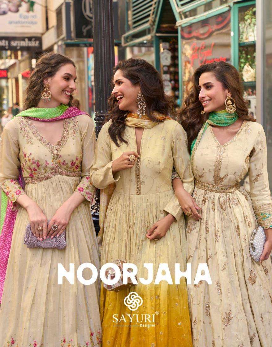 sayuri designer presents noorjaha simar silk readymade fashionable gown with dupatta