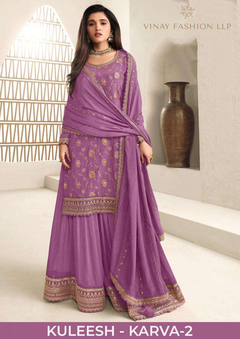 Vinay Presents Kuleesh Karva Vol-2 Chinon Jacquard Designer Sharara Suits Catalog Wholesaler And Exporter In surat 