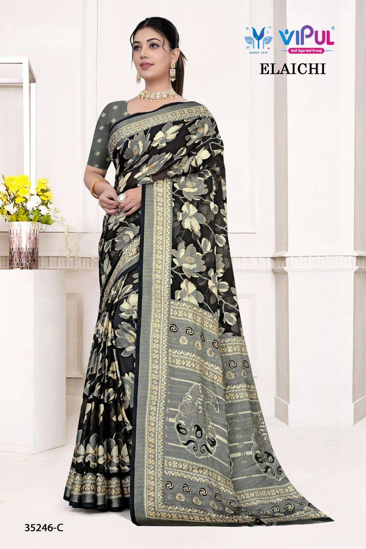 vipul presents elaichi 35246 silk brasso hit design saree wholesaler