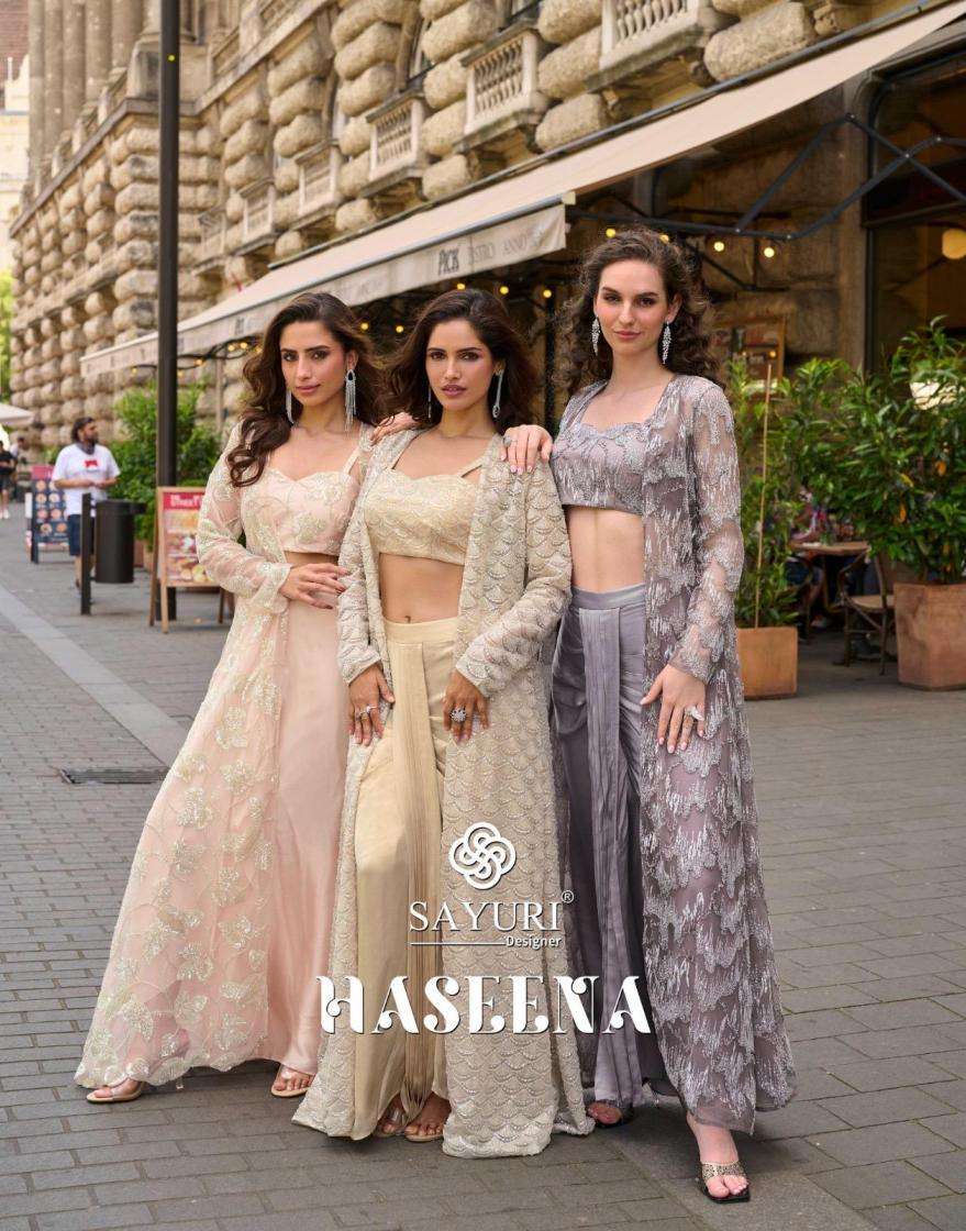sayuri designer presents haseena crep silk readymade wedding look with jacket western dress
