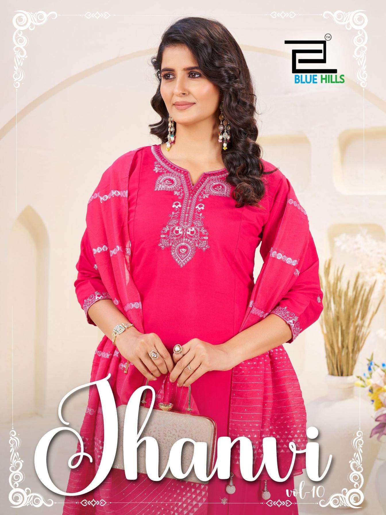blue hills presents jhanvi vol 10 roman silk full stitch casual plus size 3pcs dress